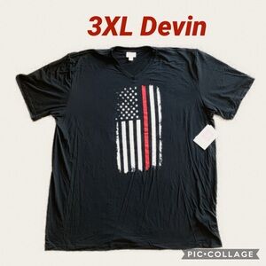 LuLaRoe Black V-Neck Devin Shirt with American Flag Design
